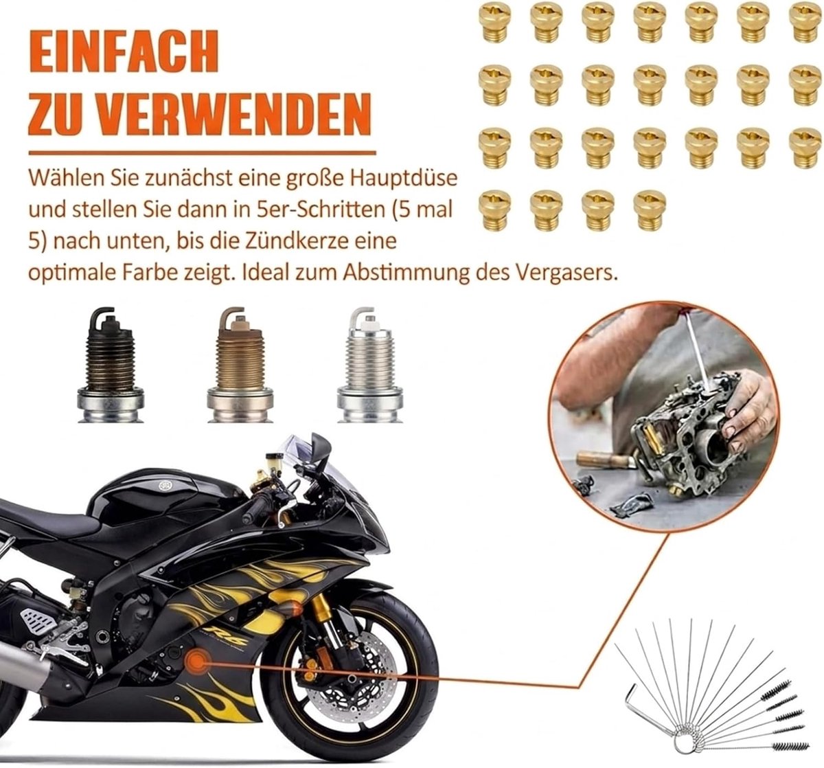 25 stuks M5 carburateur mondstukken set 55-115 - hoofdsproeiers van messing met 15 reinigingsnaalden - carburateur mondstuk set voor scooter, motorfiets en bromfiets