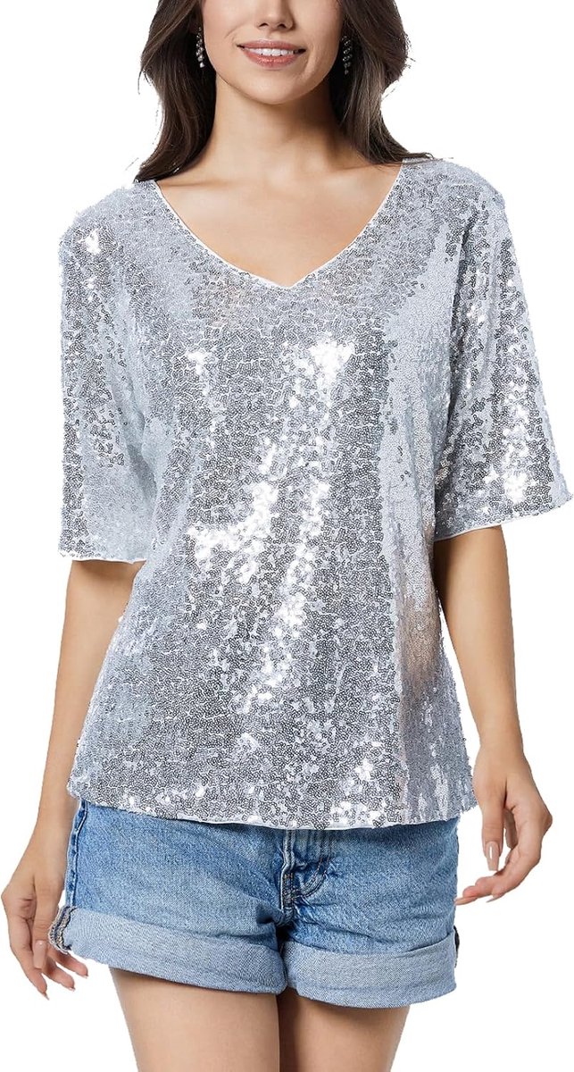 pailletten bovendeel V-hals glitter tops korte mouwen party blouse T-shirt vrije tijd zomer cocktail club night outfits