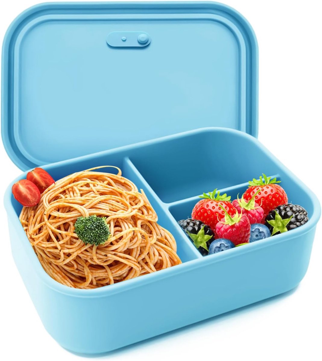 Broodtrommel met vakken, siliconen broodtrommel, lunchbox, siliconen broodtrommel, broodtrommel met 3 afzonderlijk verzegelde vakken, BPA-vrij, magnetron, vaatwasmachinebestendig, blauw