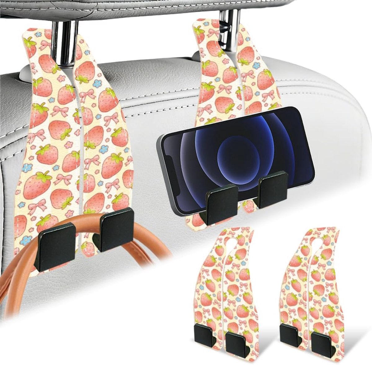 2 stuks aardbei auto hoofdsteunen haken PU lederen autostoel rug opslag haak metalen handtas houder voor auto vrouwen mannen voertuig accessoires reizen winkelen tas drinken organizer