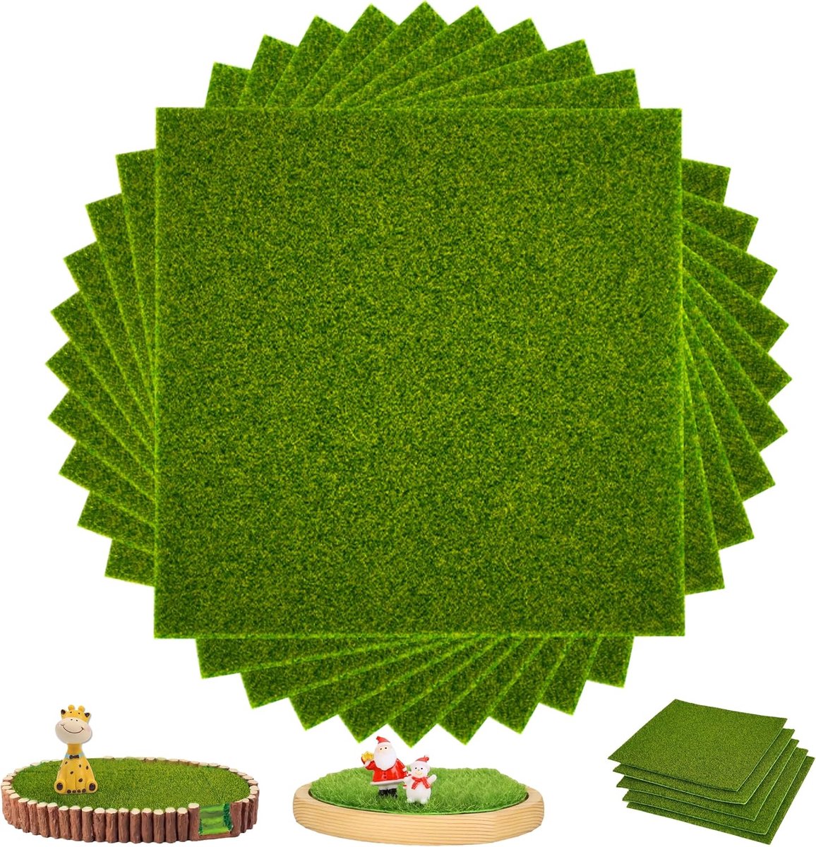 Kunstgras om te Knutselen, 12 Stuks Mini Kunstgras Miniatuurtuin 15 x 15 cm, Kunstgras Decoratie voor DIY Miniatuurtuin Poppenhuis Diorama Kleine Landschapsmodellen