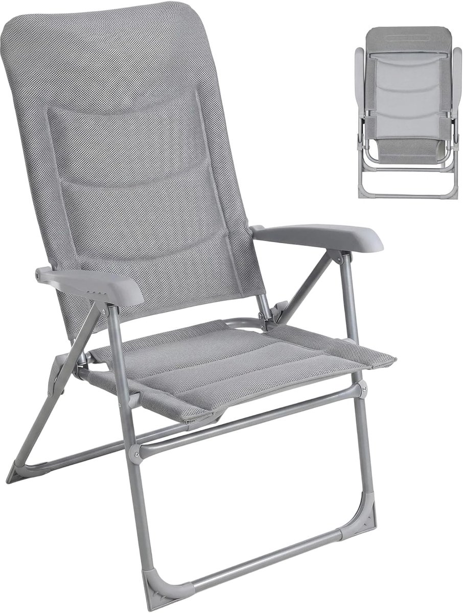 Opvouwbare tuinstoel tot 150 kg, aluminium stoel met hoge rugleuning, verstelbare 7-traps opvouwbare campingstoel met armleuningen, ademende mesh-stof voor kamperen,