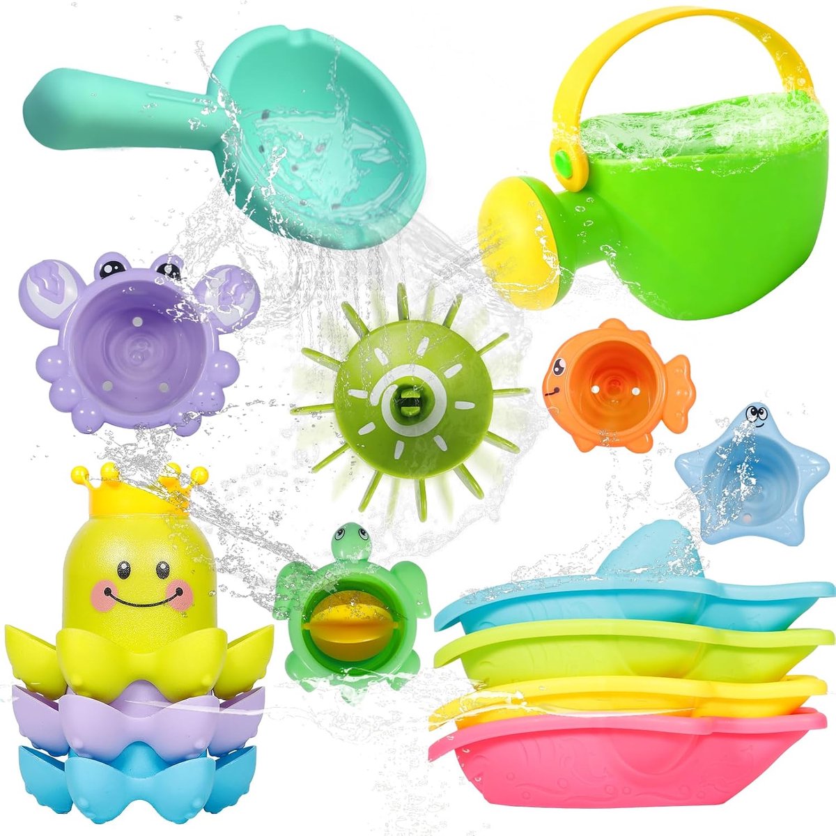 Badspeelgoedset voor kinderen, 14-delig, stapelbekers en waterspeelgoed met gieter, watermolen, boten, 23 x 17 x 10 cm