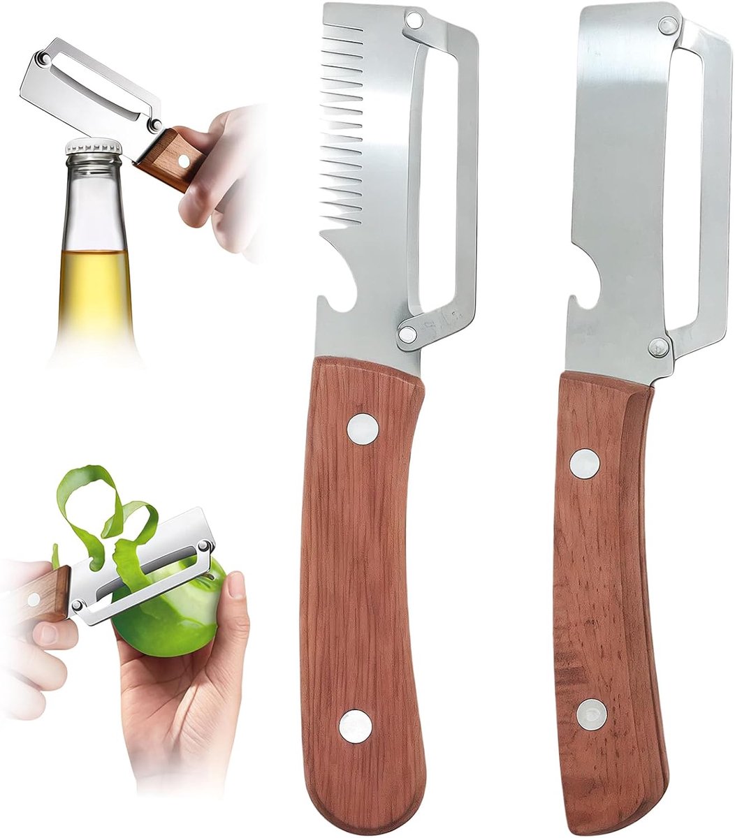2 stuks 3-in-1 multifunctionele groenteschiller van roestvrij staal met houten handvat, Zero Snag dunschiller en geïntegreerde flesopener voor fruit, groenten en vlees, duurzame keukenschiller