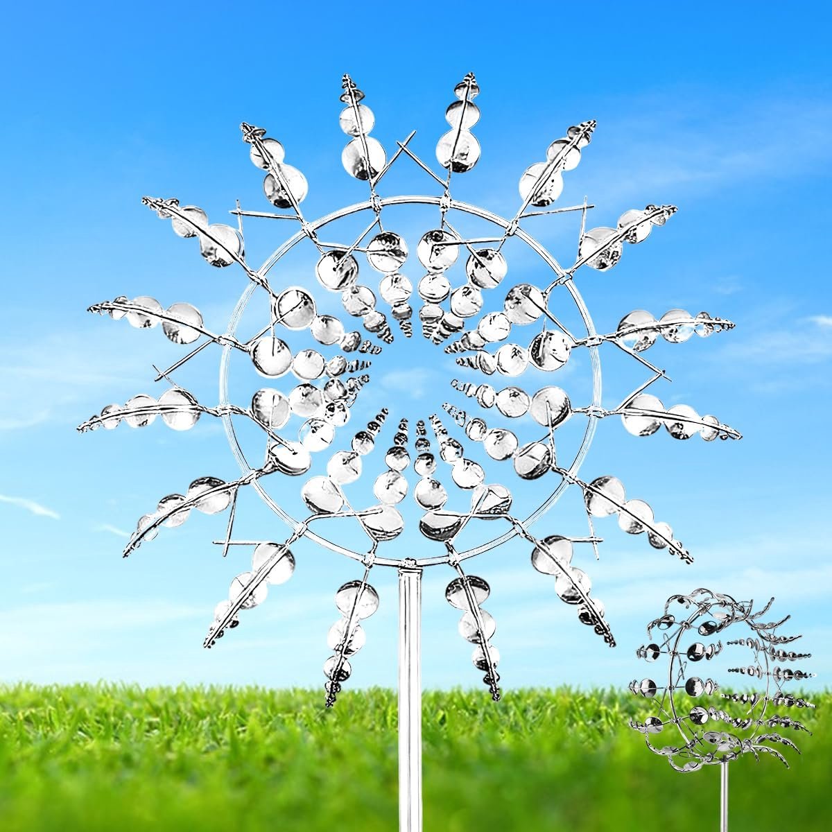 windmolen, unieke en magische tuinwindmolen, 3D-kinetische sculptuur, windmolen voor tuin, terras, gazon, decoratie (zilver)