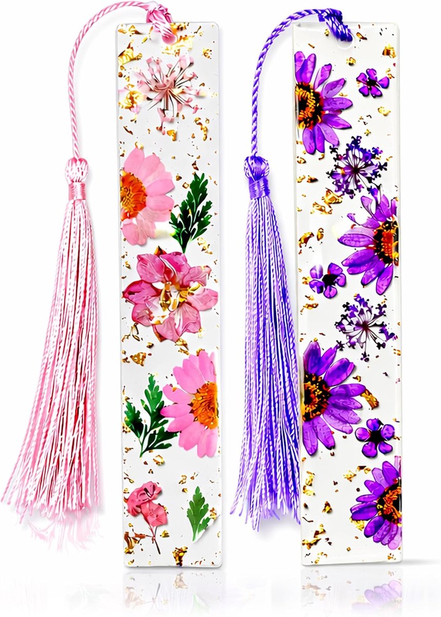 Bladwijzers met geperste bloemen (2 stuks) Doorzichtige gedroogde bloemenhars met kwastjes handgemaakt cadeau voor vrouwen, studenten, boekwurmen, boekenliefhebbers, accessoires om de leesinteresse te