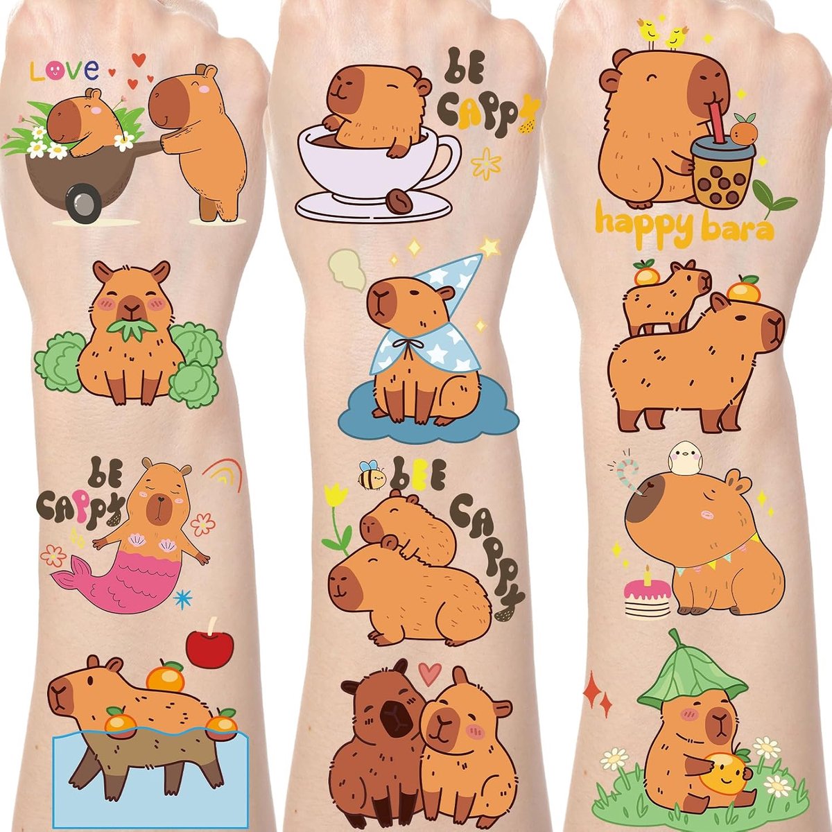 Tijdelijke Kapybara Tattoos - 200 + Kapybara-Geburtstagsdekorationen, Feestartikelen, Feestaccessoires, Grappige Dieren Tattoos, Stickers, Kapybara-Themen-Partydekorationen, Cadeaus, Belon