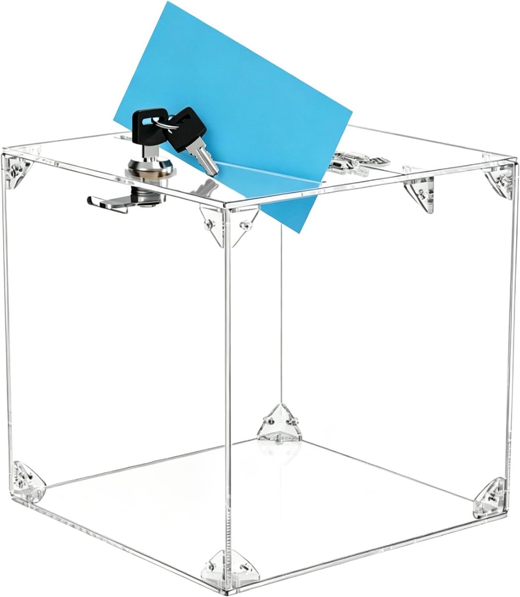 19,5 * 19,5 * 19,5 cm Acryl Donatiebox: Zeer transparante afsluitbare lotbox, robuuste transparante stembus, stijlvolle acryl voorstelbox, voor kantoor en evenementen