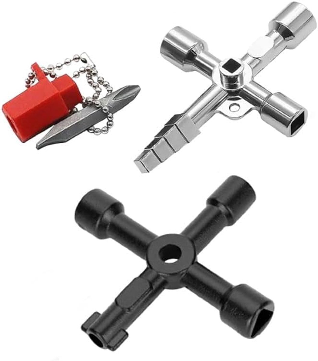 2 stuks 4-weg multifunctionele sleutel, schakelkastsleutel, universele sleutel, 4-weg multifunctionele hulpsleutels, universele sleutel, kraansleutel (zilver) (zilver en zwart)