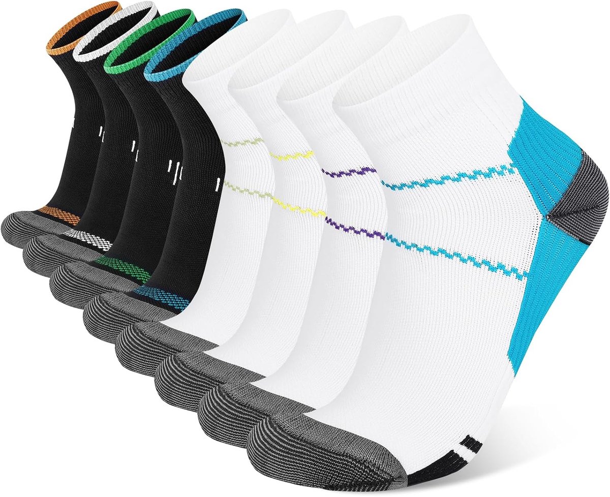 8 paar compressiekousen voor mannen en vrouwen, fasciitis plantaris, enkelcompressiesokken voor enkelsteun, pijnverlichting, atletische sokken met ondersteuning van de voetboog, laag uitgesneden