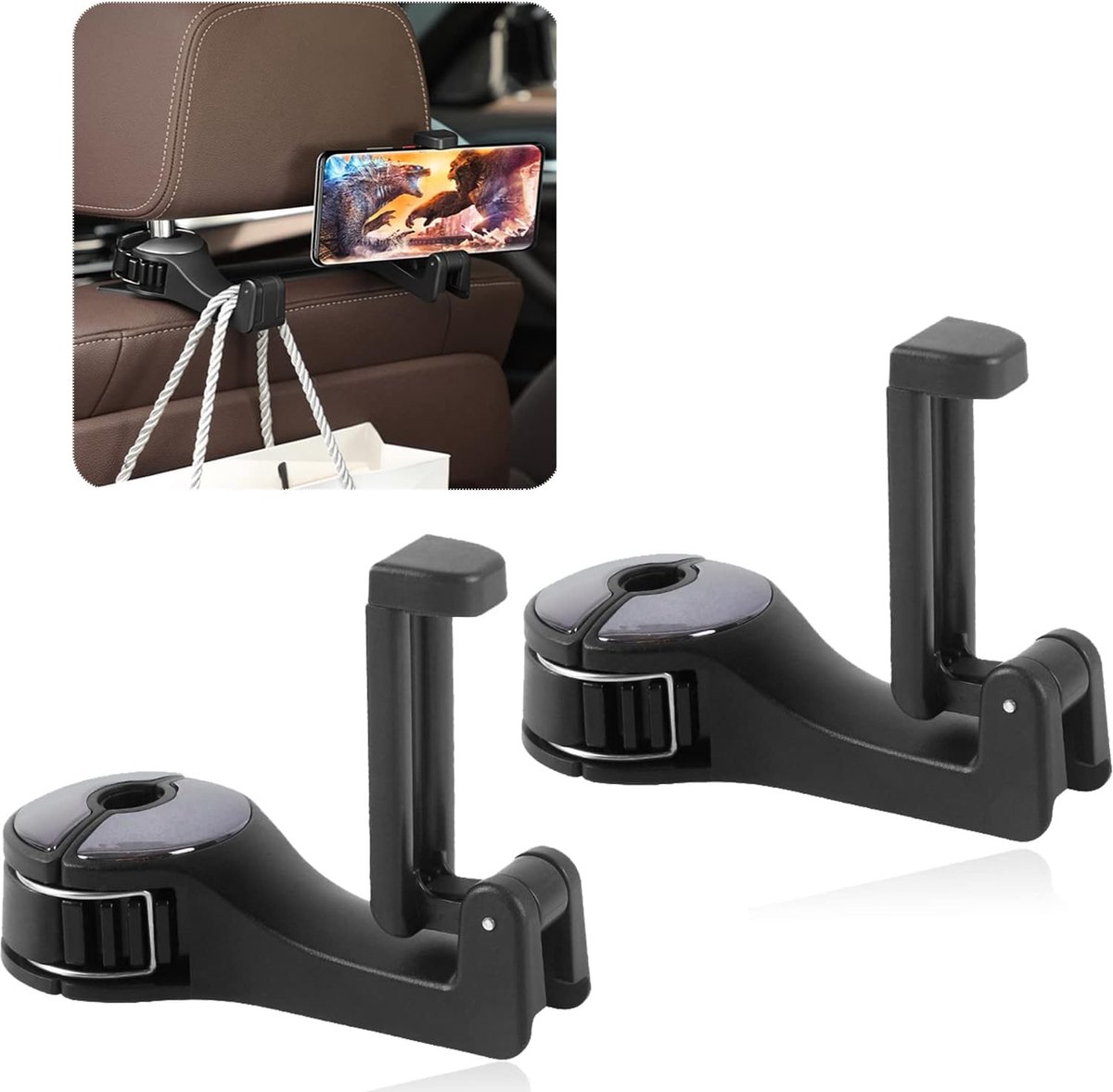 autohaken, 2 stuks, achterhaken voor autostoelen met mobiele telefoonhouder, auto-organizer, kledinghanger, hoofdsteunhaak voor tas, portemonnee, stof, levensmiddelen