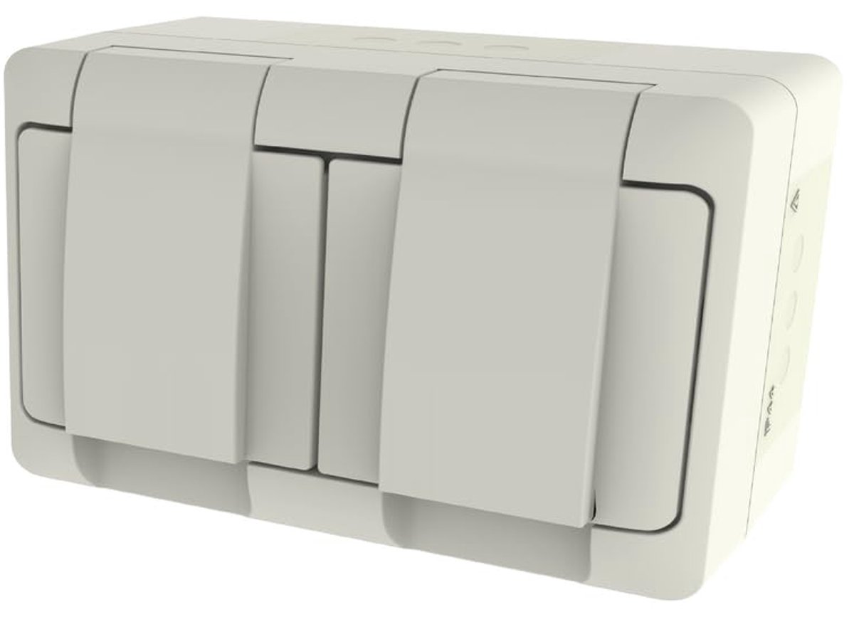 Opbouwstopcontact, 2-voudig, IP44, waterdicht, met klapdeksel, 16 A, 250 V, Schuko-stopcontact, horizontaal, voor vochtige ruimtes en buiten, wit