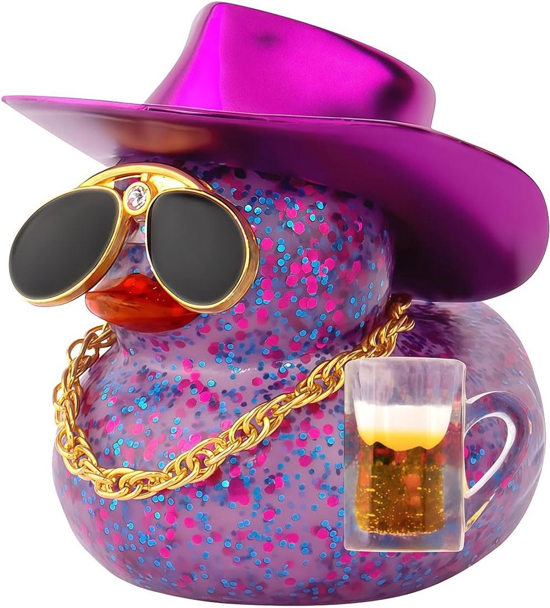 Decoratie Kwikstaart Eend Rubber Badeend Grappig, Eend met Cowboyhoed, Bril & Ketting als Auto-accessoire Cadeau