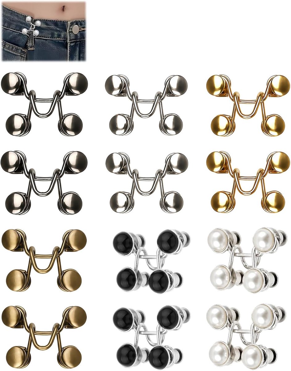 8 taillebanden voor jeans, 2 stijlen, naadloze verstelbare broekknopen, parelklemmen en metalen klemmen voor het aantrekken van de riem, voor dames, heren, tieners