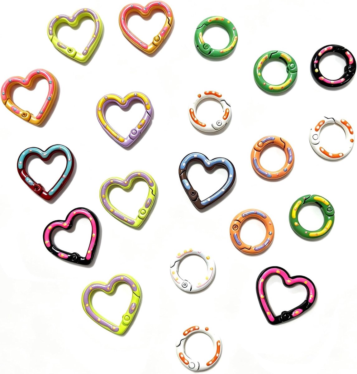 20 mini sleutelringen hart en rond, karabijnhaak sleutelhanger DIY | Kleurrijke mini-karabijnhaak rond en karabijnhaak hart voor sleutels, tassen, hangers, knutselen en doe-het-zelfprojecten