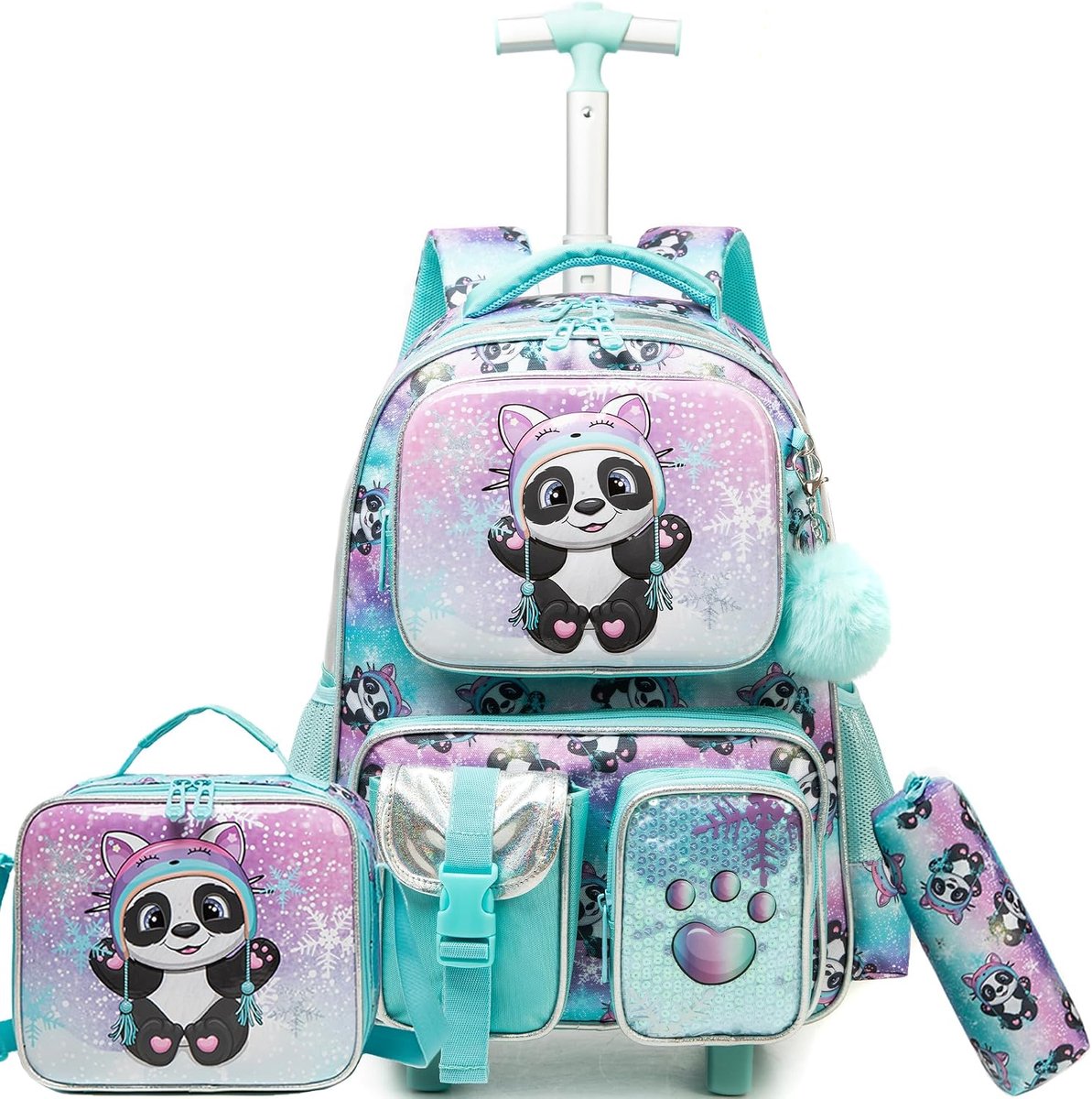 Schoolrugzak met wieltjes voor meisjes, schoolrugzak met wieltjes, met etui en lunchtas, A-Panda, 43cm x 30cm x 20cm, Spelenderwijs