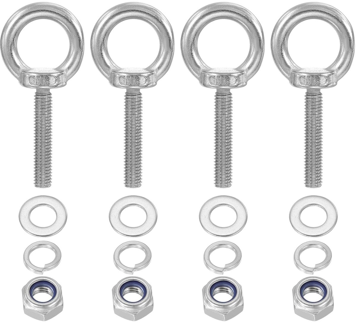 M8 x 40 mm oogschroeven met moer, set van 4 304 roestvrij stalen hefschouders, oogbout lift schroefdraadschroeven om op te hangen, zilver