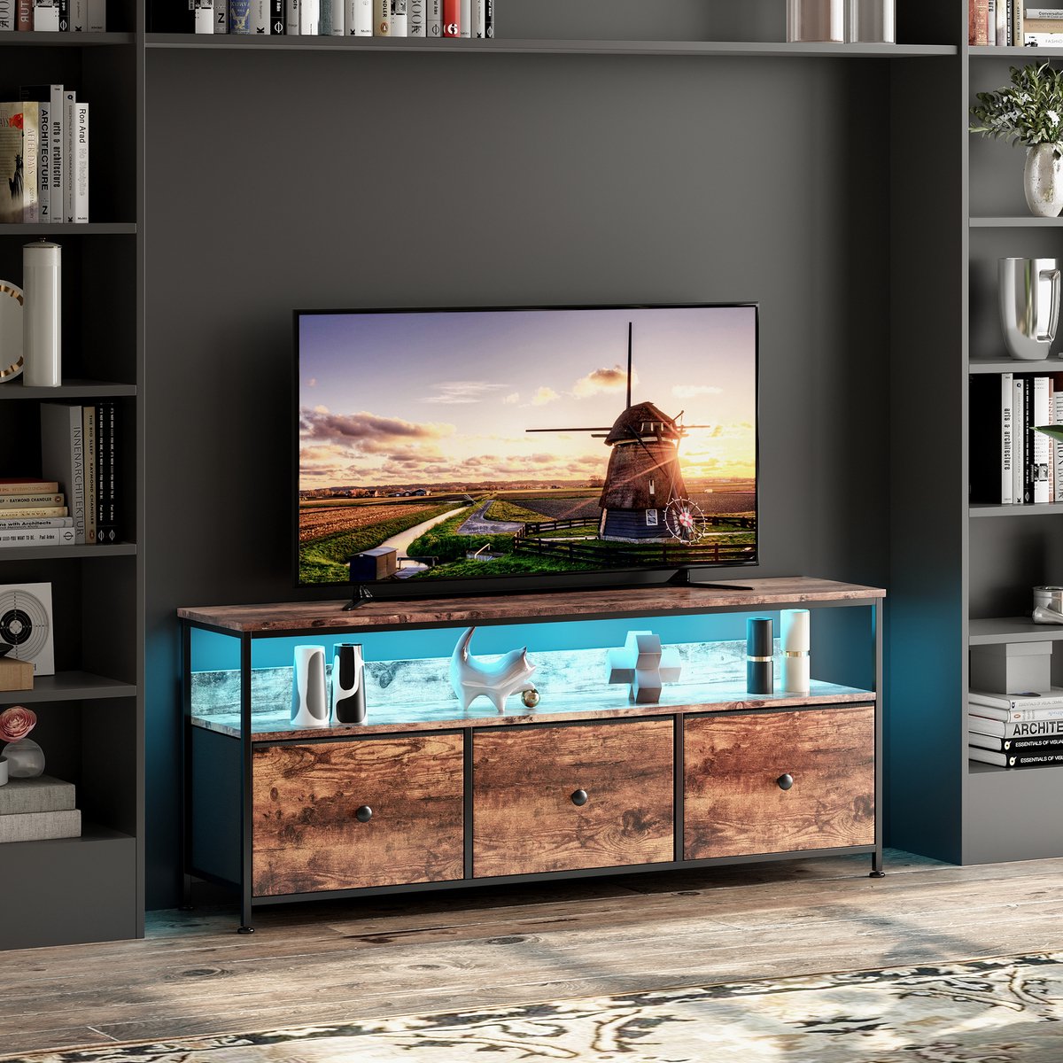 Tv meubel 137x30x57 cm, moderne tv kast met led verlichting, 3 lades, metalen frame en donker houtlook blad, woonkamer meubel
