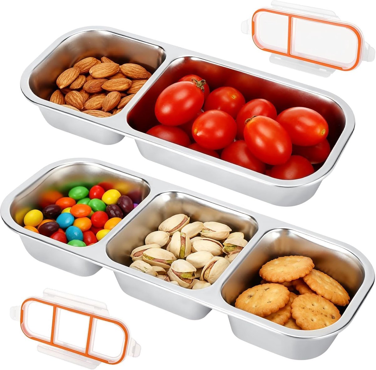 2 stuks roestvrijstalen snackbox met vakken, herbruikbare onderverdeelde snackdoos met deksel voor snoep, noten, koekjes, groenten en fruit onderweg, school, werk, reizen