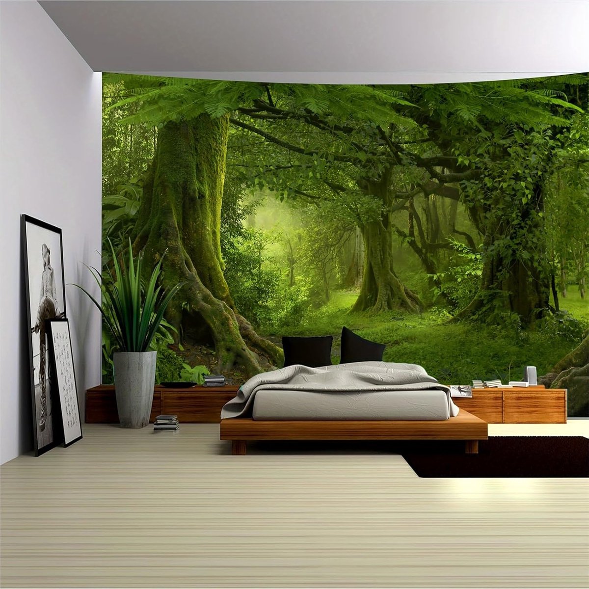 Wandtapijt Bos Wanddoek Boom Wand Tapijt Tapisserie Mist Wandbehang Gras Natuur Landschap Wandtapijten Wanddoek Boho Decor Slaapkamer, Groen, Groot 230x180cm