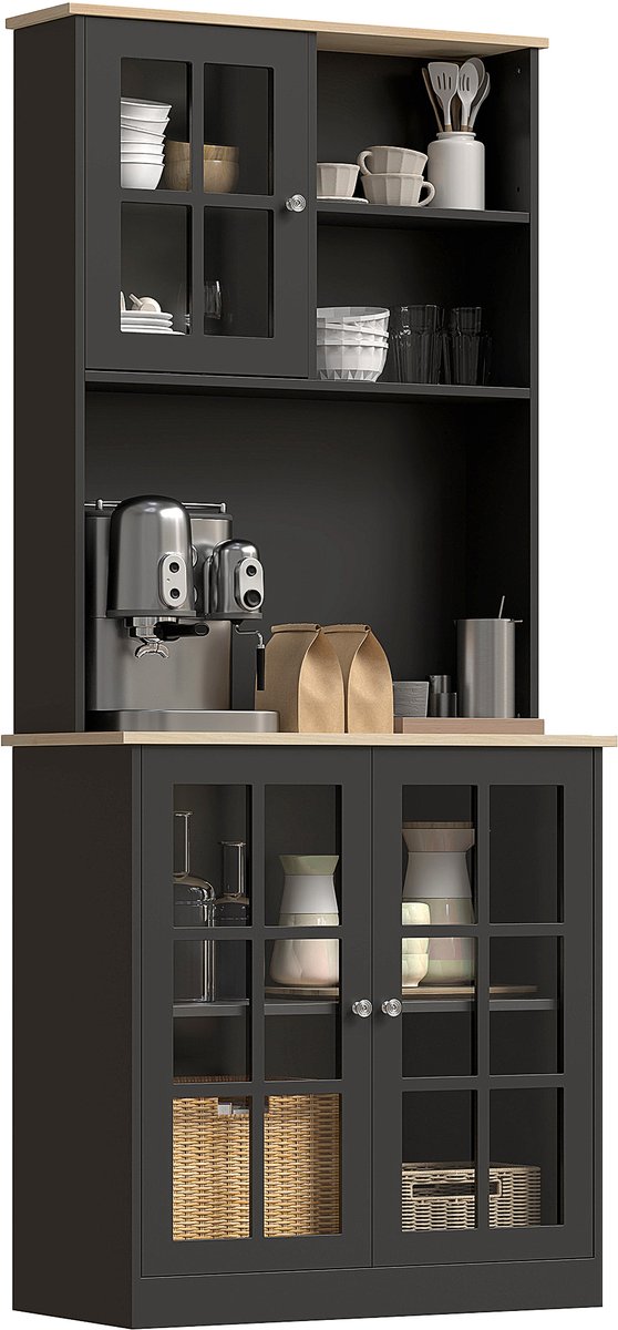 HOMCOM Buffet met vitrinekast - Hout - 80x37x183cm - Zwart