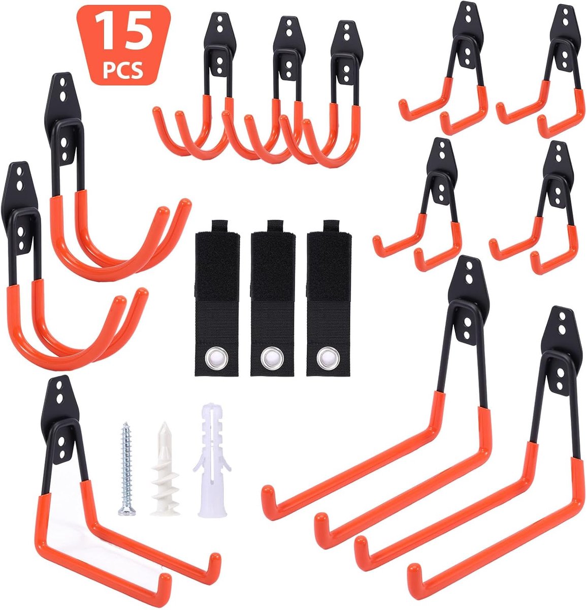 Haken, set met twaalf haken, drie houders voor verlengingen, gelegeerd staal, poedercoating, wandmontage voor werkplaats, garage, kelder en tuin