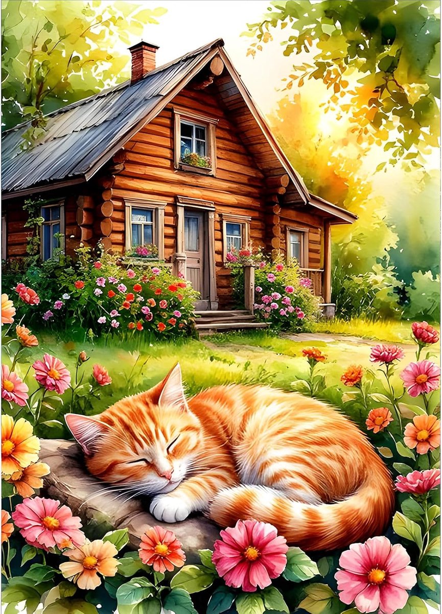 5D House Cabine Diamond Painting Kit, Doe-het-zelf Kitten Diamant Kunst Complete Kits, Tuin Diamond Art Kits Strass Kruissteek Schilderij voor Volwassenen Beginners Woondecoratie 30 x 40 cm
