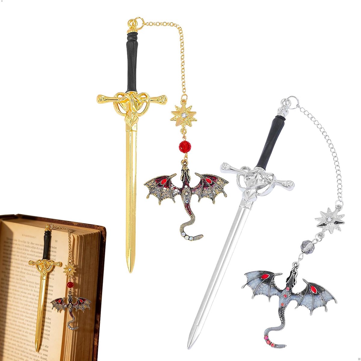 2 stuks bladwijzers zwaard, boekenlegger, fantasy, vliegende hanger, metalen boekenlegger, vintage stijl, uniek cadeau voor vrouwen en mannen, zilver + goud