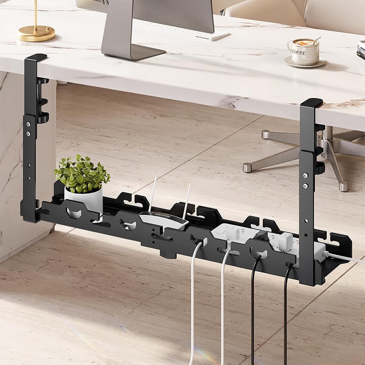 Kabelhouder, zwart Kabelgoot voor onder het bureau, Kabelgoot Voor Onder Het Bureau Metalen Kabelorganizer Zonder Boren met Klem