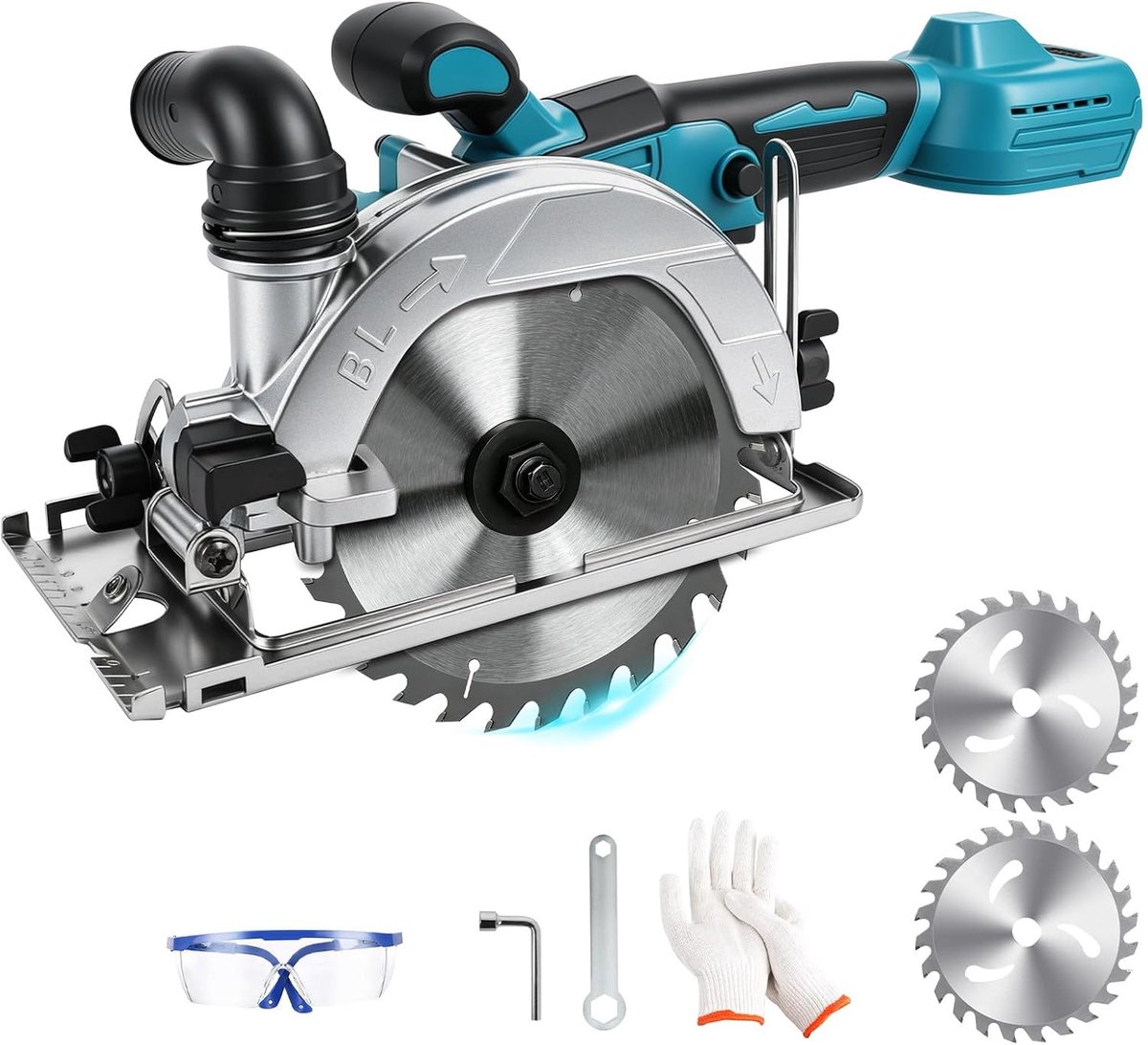 compatibel met Makita 18 V (zonder accu), borstelloos, 6900 rpm, 150 mm zaagblad, 51 mm zaagdiepte, 2 zaagbladen + veiligheidsbril + handschoenen voor hout, doe-het-zelf, bouwplaats