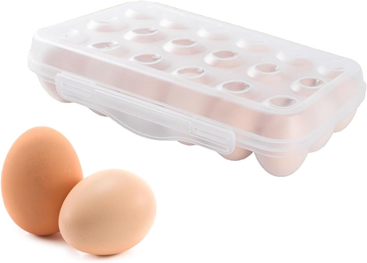 Eierhouder voor de koelkast, 1 stuk eierdoos met deksel, geschikt voor 18 eieren, stapelbare eierbewaarbox voor kamperen en picknicken(Wit)