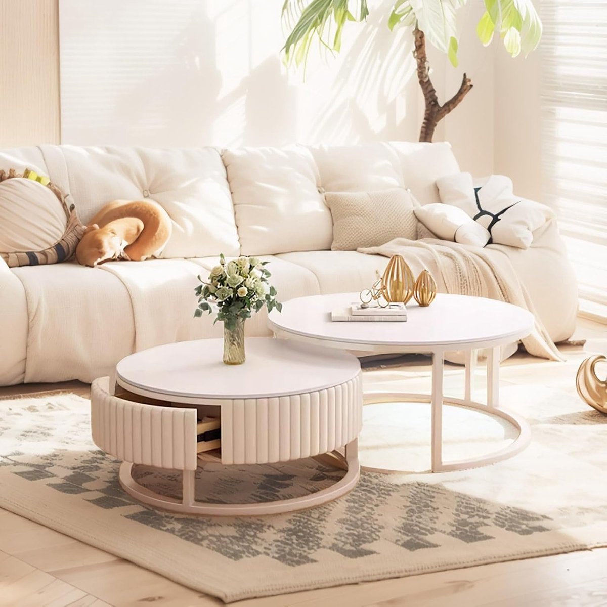 Set van 2 witte salontafels, rond, met opslag, marmer en robuust metalen frame, modern en rekbaar, voor woonkamer en kantoor
