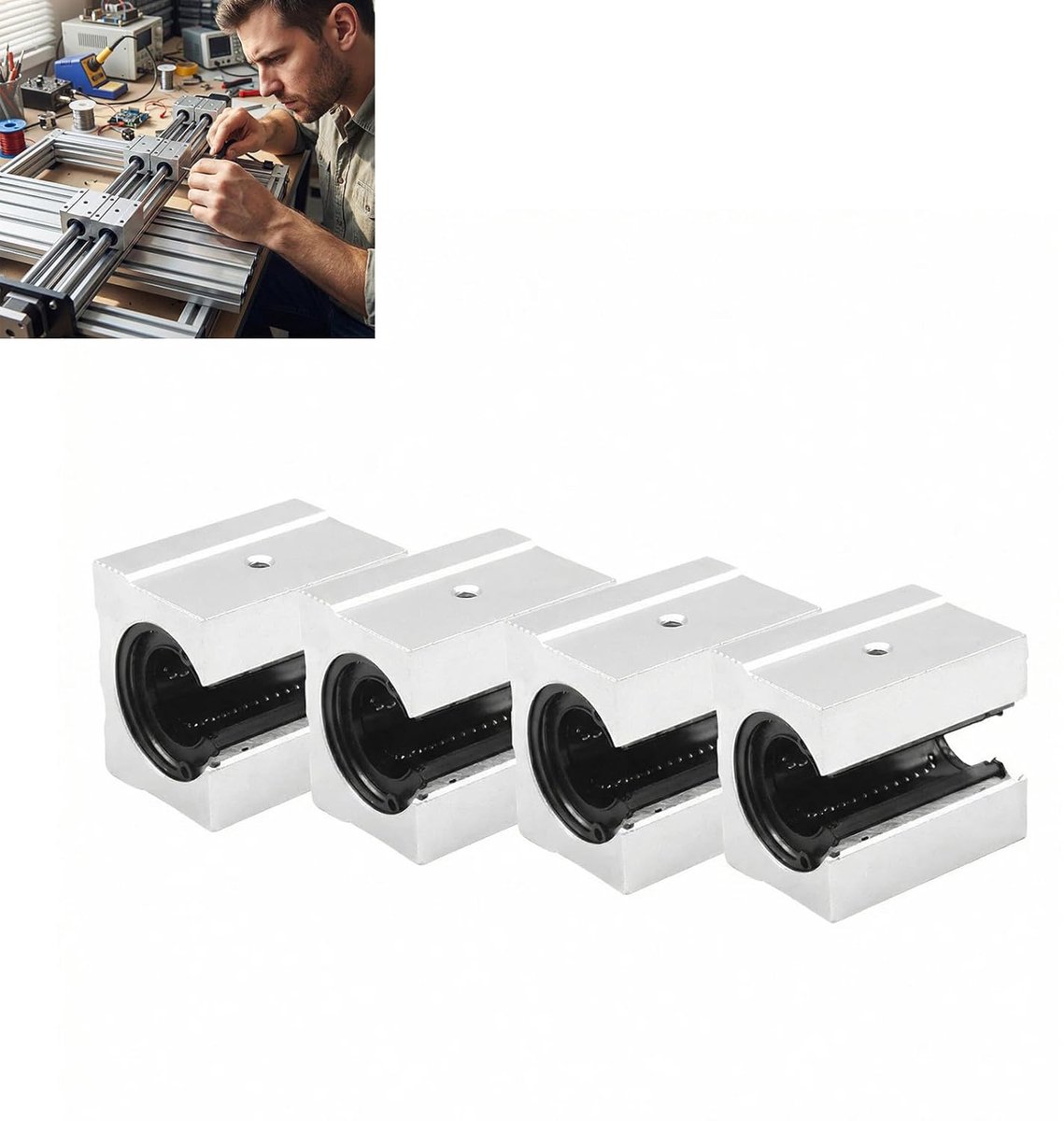 Set van 4 lineaire glijblokken SBR20UU – zeer nauwkeurig aluminium voor geleiderail 20 mm – ideaal voor 3D-printers, CNC-freesmachines en graveermachines – vloeibare en lonprestaties