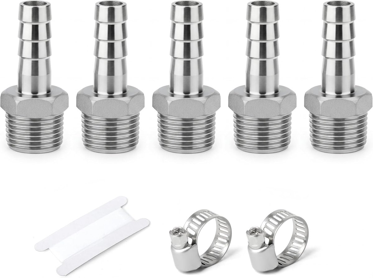5 Stuks Slangtang-Klemkoppeling, 8 mm Slangtang Naar 3/4" BSP-Buitendraad, 304 Roestvrij Staal Voor Water, Industrieel