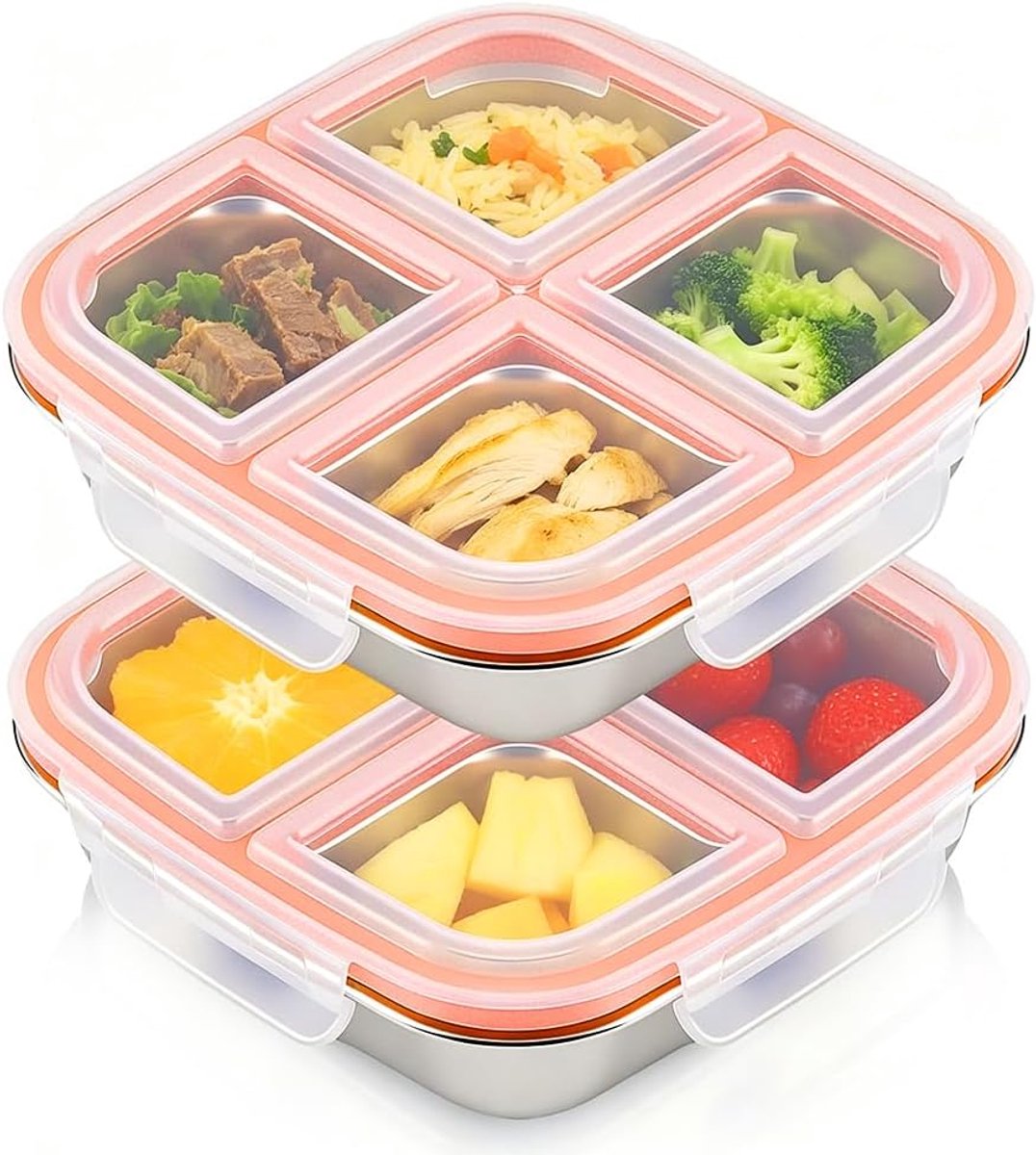 2 stuks snackbox met vakken, roestvrij staal, herbruikbare snackdoos, lekvrije snackbox, draagbare broodtrommel voor kinderen, lekvrije metalen bento-box met deksel voor school, werk, camping