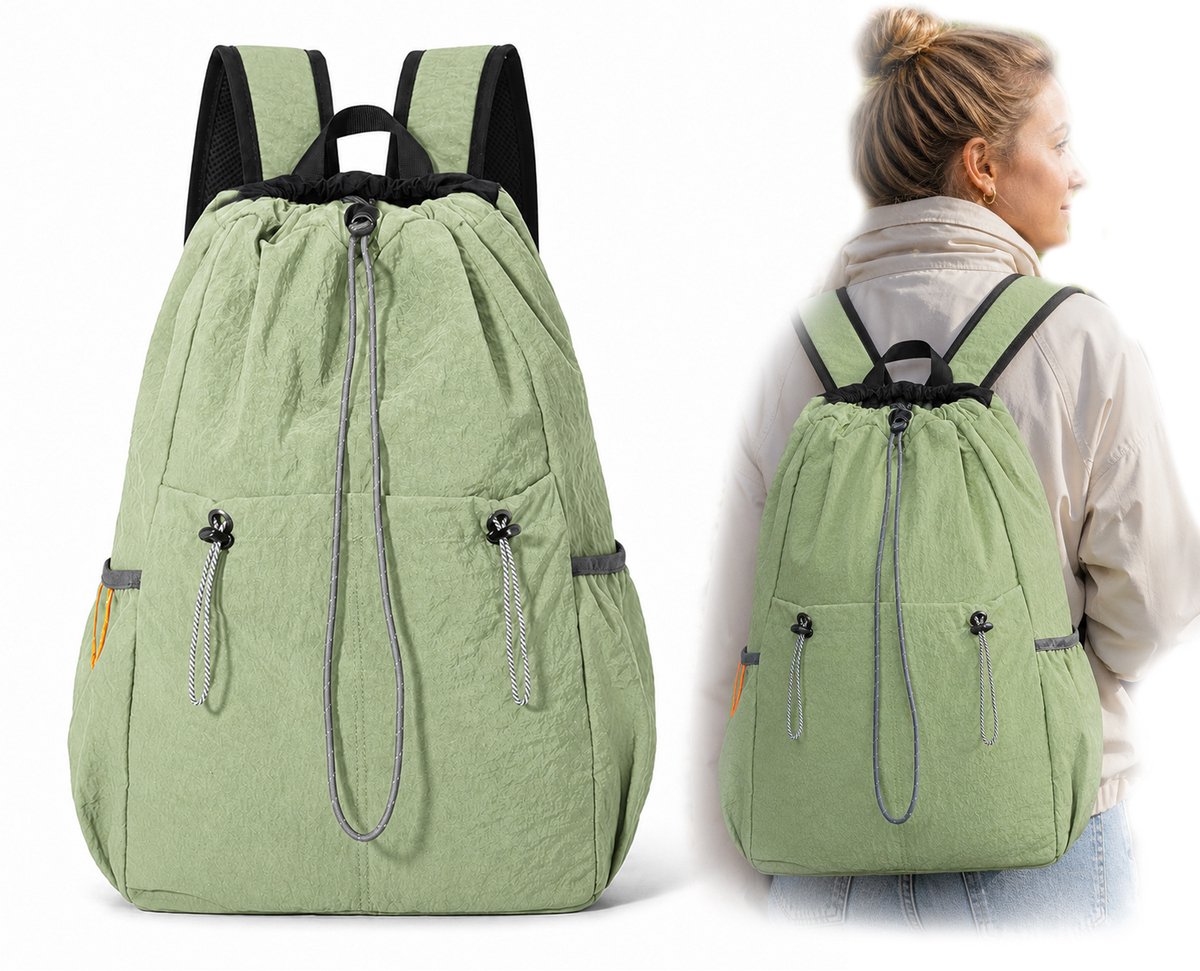 Rugzak - Trekkoordrugzak - Grote Capaciteit Studenten Rugzak - Lichtgewicht Nylon Reistas - Geschikt voor Dagelijks Gebruik en Reizen - Groene Kle