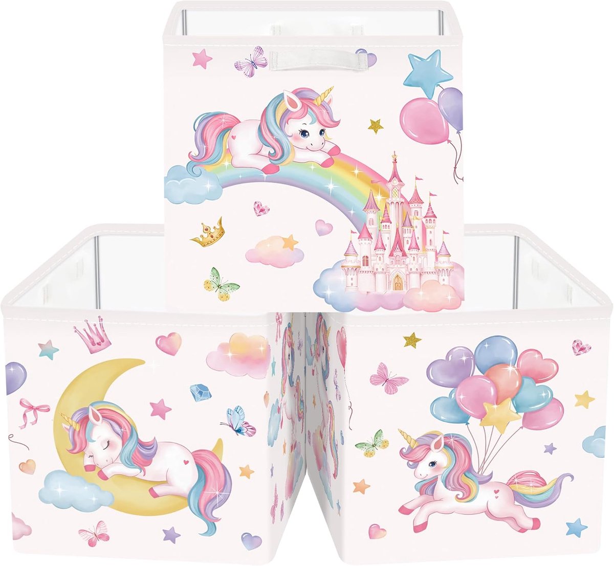 Set van 3 Opbergdozen Eenhoorn Opbergkubussen voor Kast Regenboog Kleding Mand Speelgoedkist en Boeken voor Slaapkamer, Regenboog, 30x30x30 cm