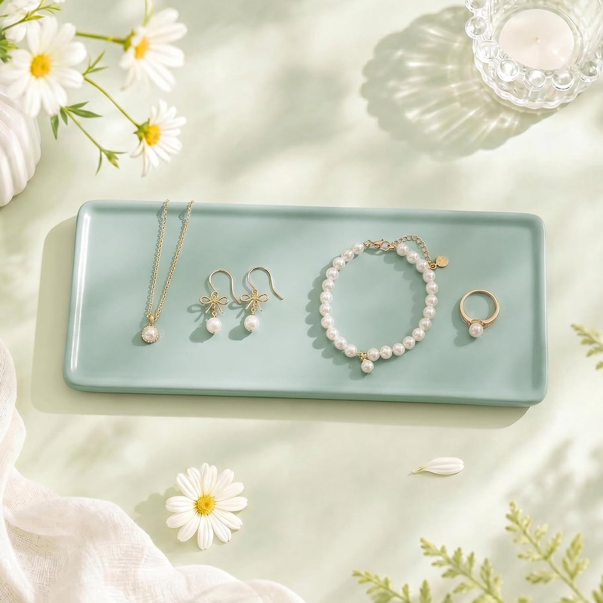 cosmeticaplank, 20,5 x 9,5 x 1,2 cm, rechthoekige decoratieve schaal, geschikt voor koffie, sieraden, zeep, kaarsen, sleutels, kleine opbergschaal voor de badkamer (groen)