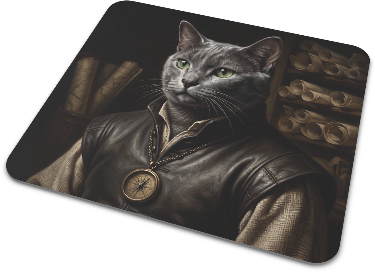 Muismat Korat kat als meester cartograaf in klassiek renaissancetijdperk olieverfportret bureau accessoire voor kattenliefhebber en thuiswerkplek met lederen doublet en koperen kompas en kaartenkamer