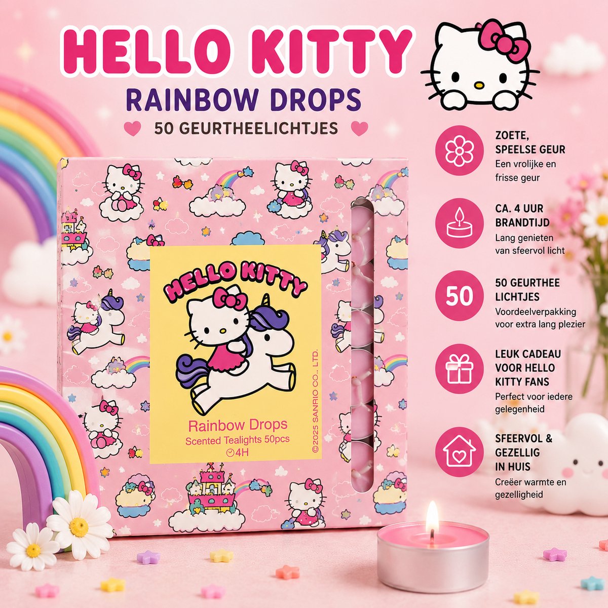Hello Kitty Geurkaarsen – Rainbow Drops – 50 Geurtheelichtjes – 4 Branduren – Cadeauset