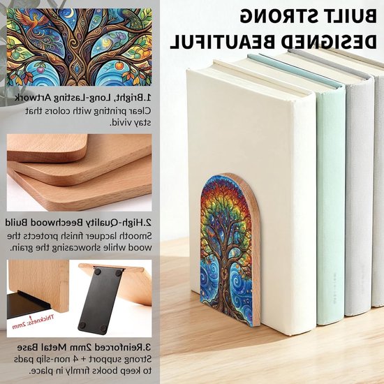 Moderne houten boekensteunen voor boekenplanken, decoratieve studieboekuiteinden, stoppers voor kantoor en bureau, 12,7 x 8 cm, 1 paar met levensboom design — afbeelding 5