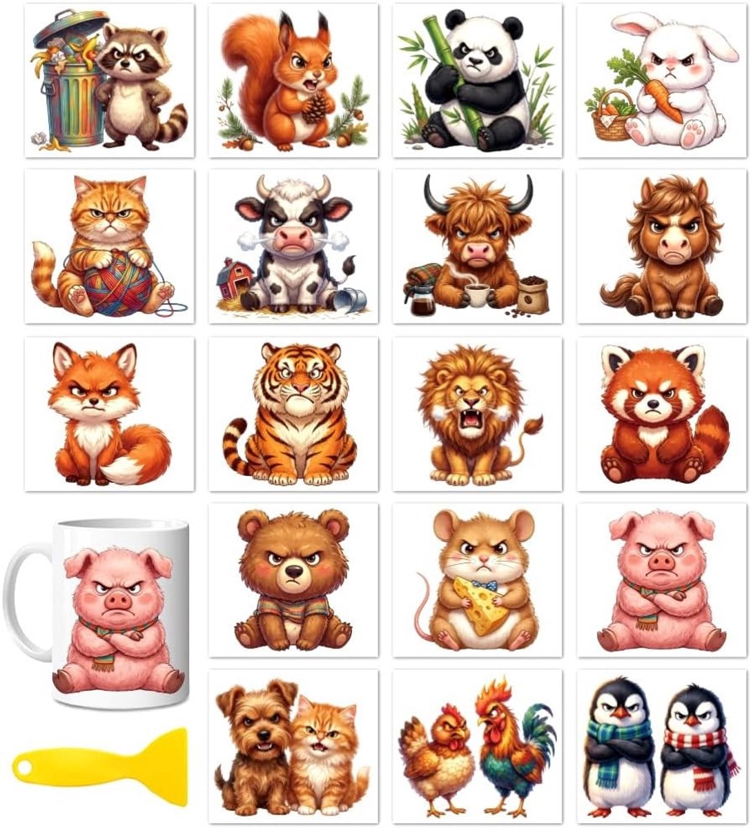 18 vellen rub on transfers voor creatieve projecten, boze dieren, 9,1 x 9,9 cm, waterdichte stickers voor hout, glas en metaal, perfect voor bekers en DTF Cup Wraps