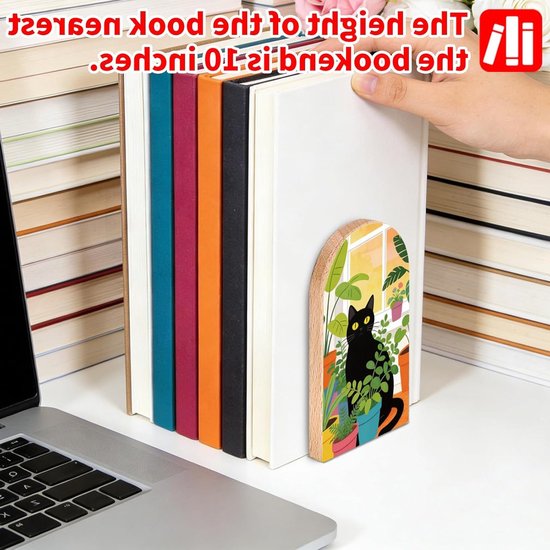 Moderne houten boekensteunen voor planken en bureau, decoratief en functioneel, 12,7 x 7,9 cm (1 paar) met potplant en kat — afbeelding 4