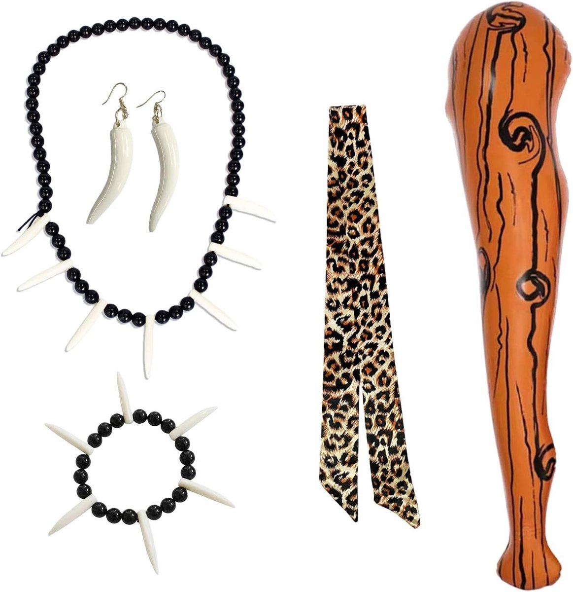 5-delige Steentijd Kostuumset - Unisex Opblaasbare Mace, Hoofdband, Ketting, Armband en Oorbellen voor Halloween, Carnaval, Cosplay en Feestjes