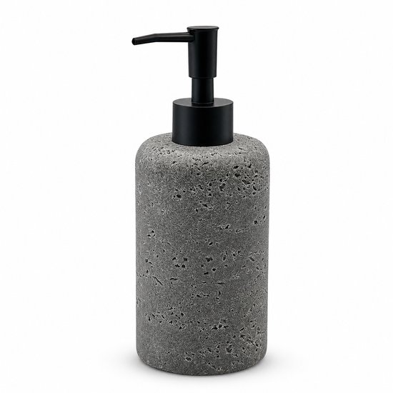 Grijze zeepdispenser met een zwarte pomp, gemaakt van polystone.