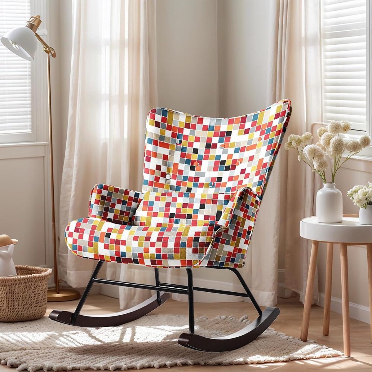 HomeMiYN Schommelstoel – Linnen Look Mozaïek Design Rocking Chair – Kleurrijke Patchwork Fauteuil – Comfortabele Wipstoel met Hoge Rugleuning voor Woonkamer en Slaapkamer