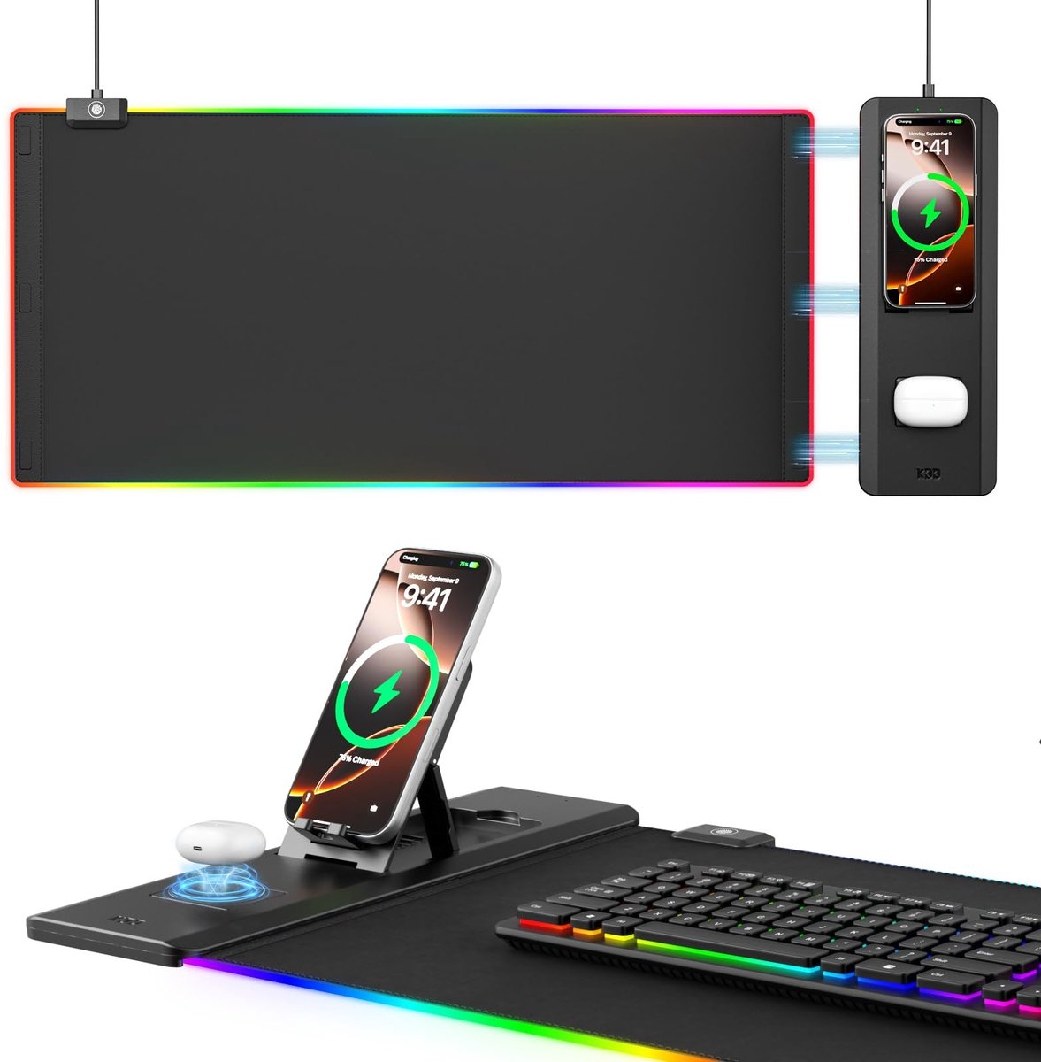 Dailygoods - Gaming Muismat met Opvouwbare Telefoonhouder - Draadloos Opladen en RGB Verlichting