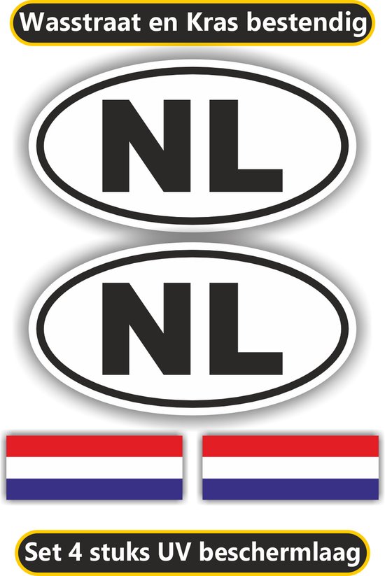 Set van 2 ovale 'NL' stickers met Nederlandse vlaggen. Kars- en wasstraatbestendig.