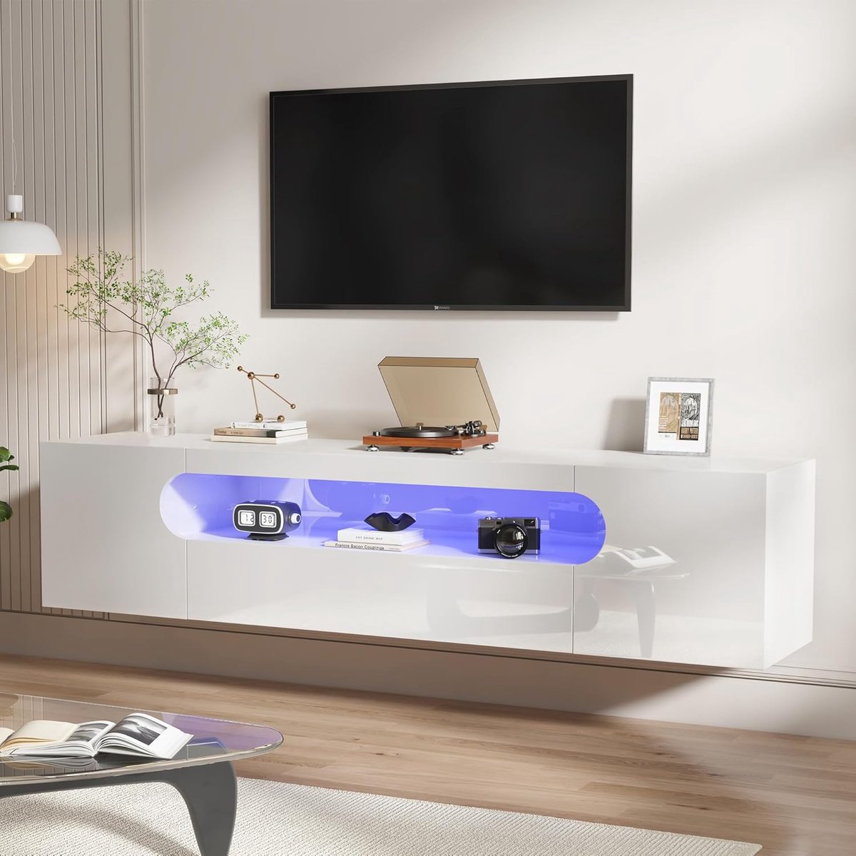 Hangend TV-meubel 160 cm – House&Garden Premium Zwevend TV Lowboard Wit Hoogglans met RGB LED Verlichting – Wand TV Kast / TV Meubel voor 55–75 Inch TV – Modern Mediameubel met Opbergruimte, Kabelmanagement & Deurvak