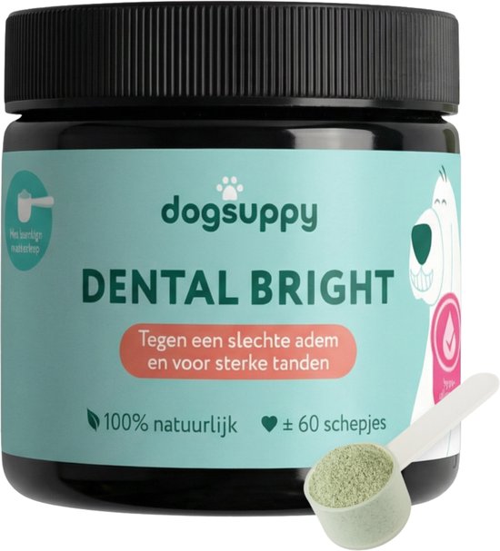 Pot Dental Bright met schepje, label met "dogsuppy DENTAL BRIGHT" en tekst.